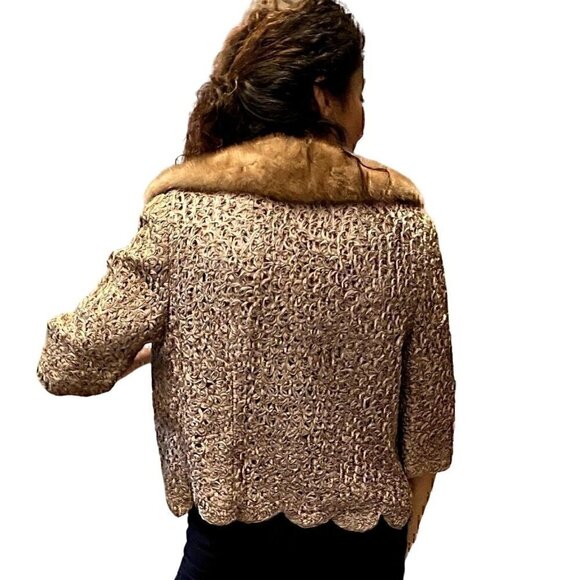 Vintage 40s 50s Pam Stewart ribbon knit crop coat chocolate brown mink collar - Picture 3 of 17